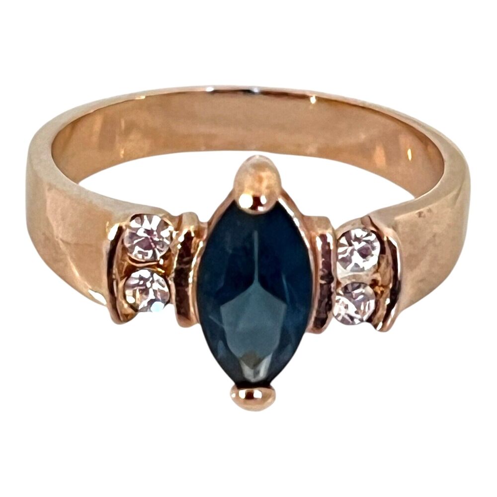 Vintage 1970s Blue Crystal Marquise Ring Size 8 14K Gold Plate - 6A